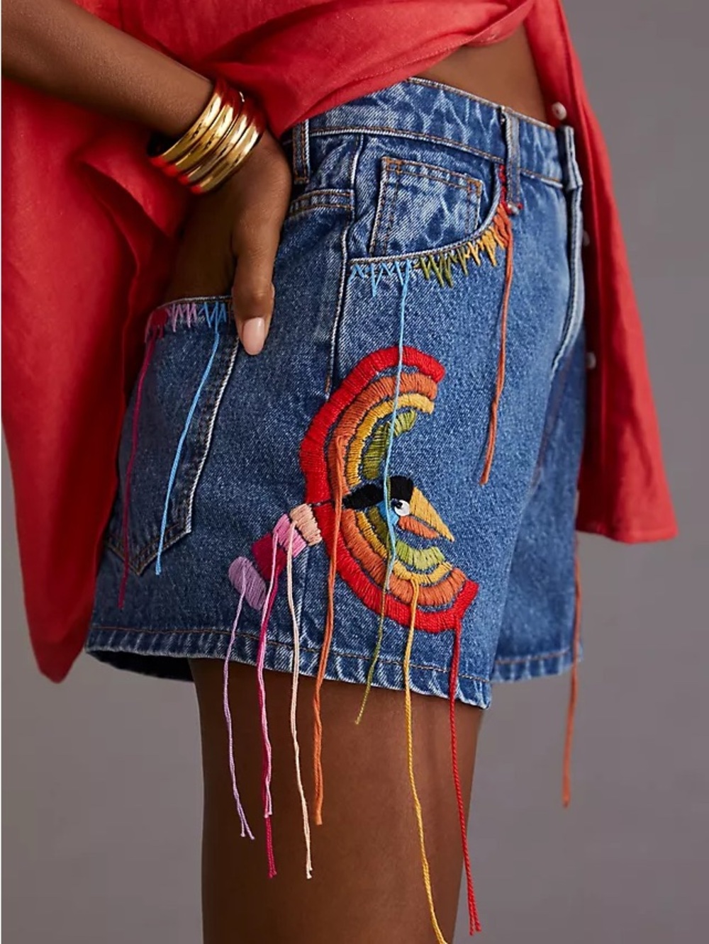 FARM Rio Blue Denim Shorts with Rainbow Embroidery - Picture 5 of 7
